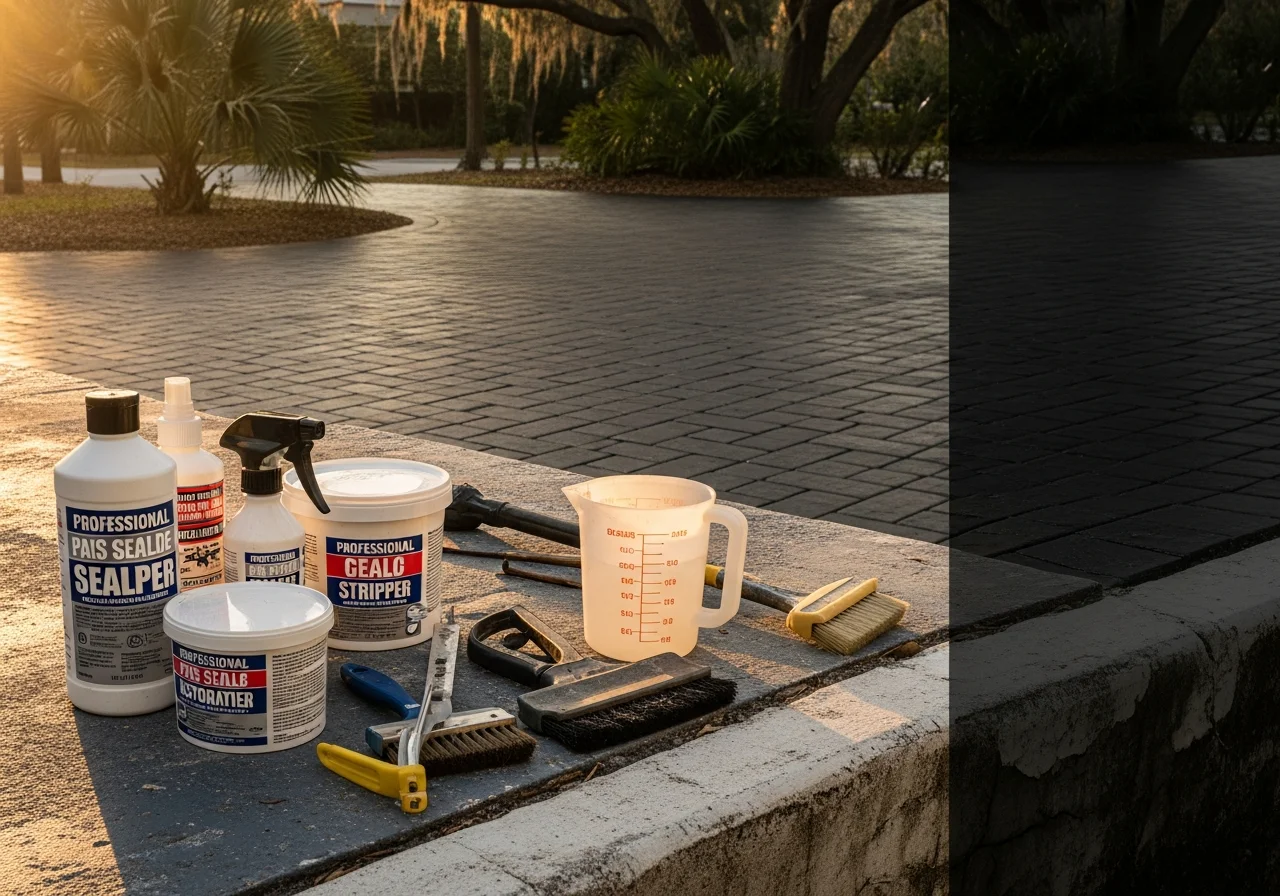 Professional paver sealing equipment and materials staged for residential driveway restoration work.