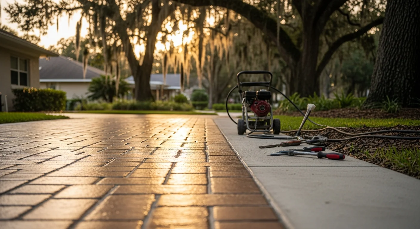 Restored paver driveway with even surface and fresh appearance