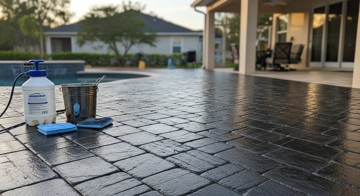 Sealed pool deck with enhanced color and slip-resistant finish