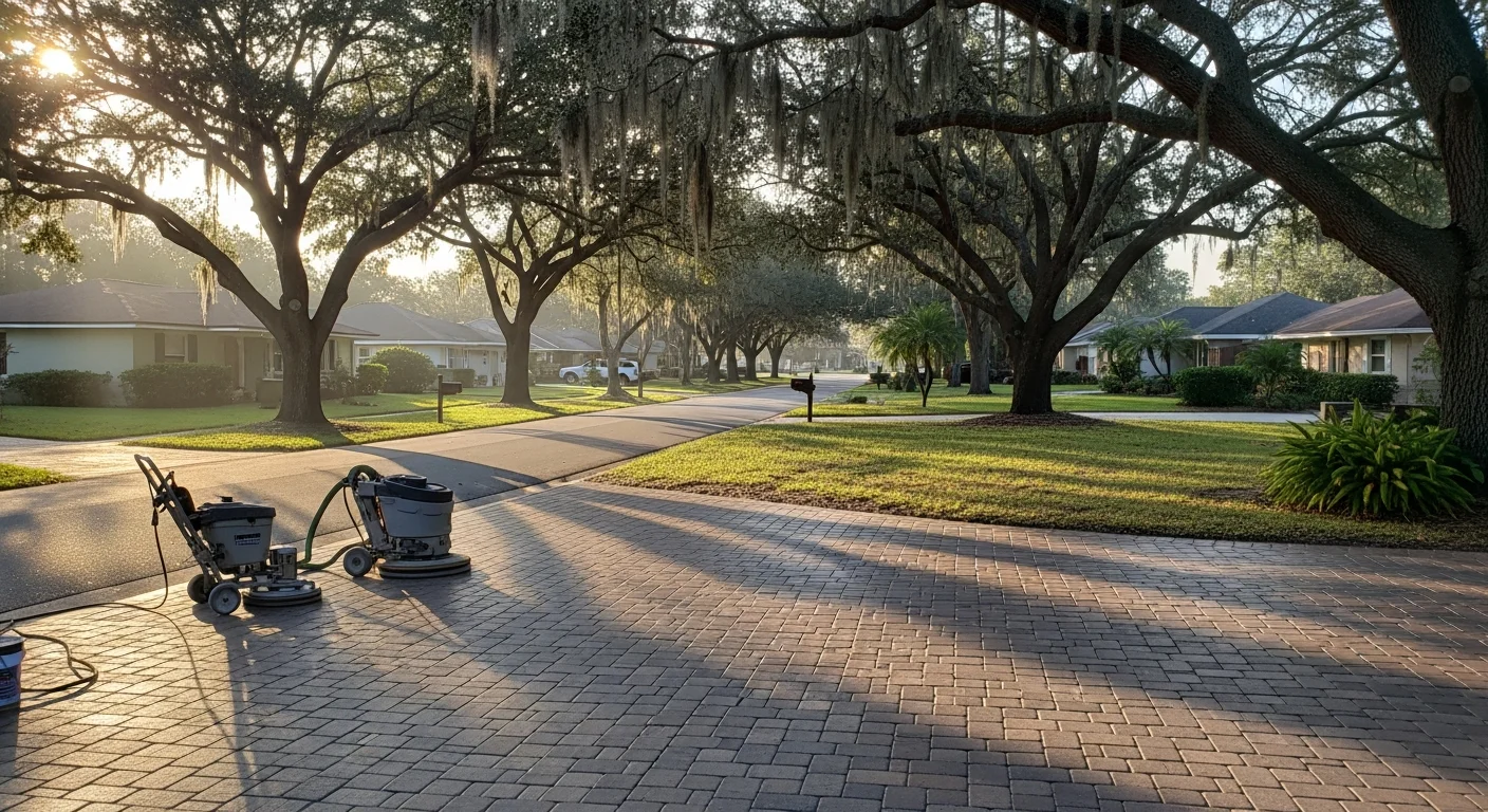 Residential street in Odessa, FL with mature trees and single-family homes typical of west Hillsborough County neighborhoods.