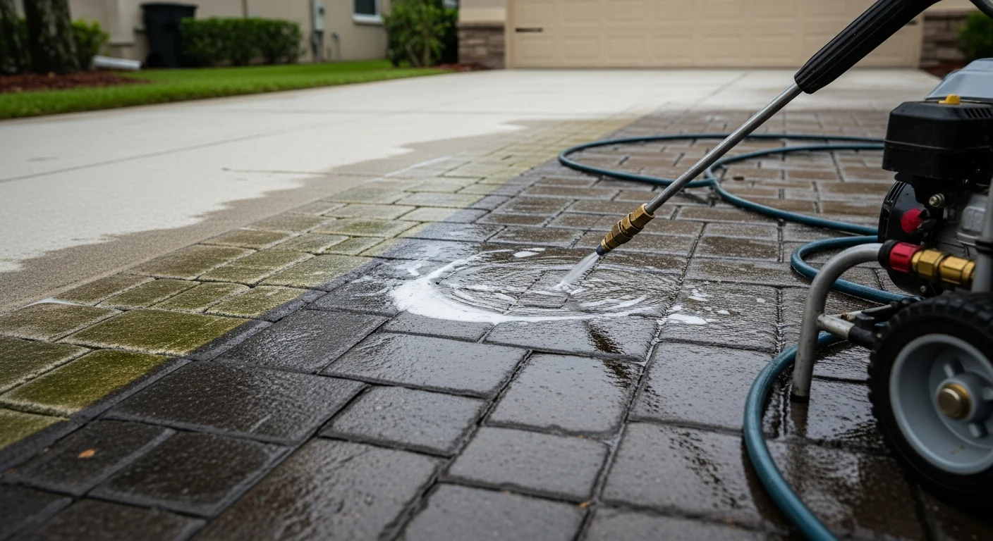 A paver driveway in Odessa, Florida after professional cleaning, showing restored surface color with algae, oil stains, and dark streaking removed. The driveway borders a residential home typical of Hillsborough County neighborhoods.
