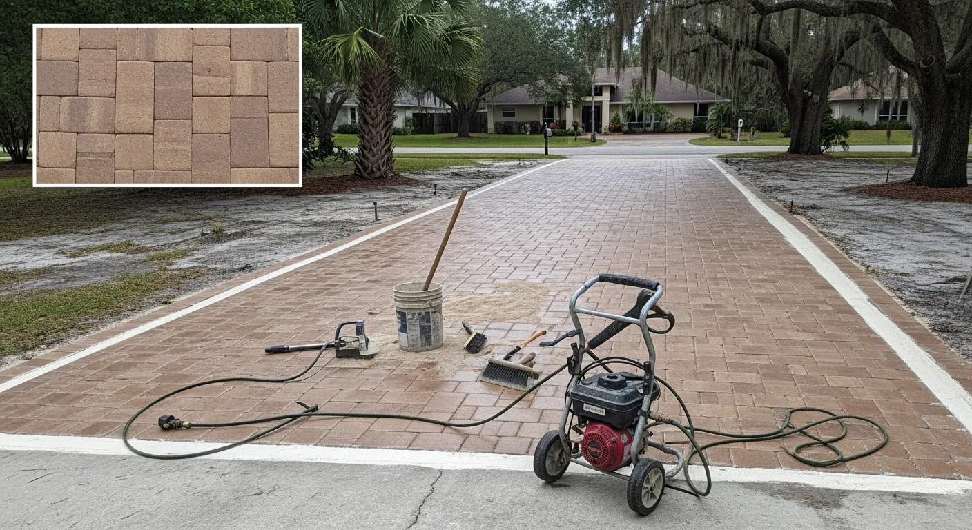 Restored brick paver driveway in a residential neighborhood in Odessa, Florida, showing clean, evenly spaced pavers with tight joints and no visible staining or surface damage. The driveway leads to a single-family home typical of Hillsborough County subdivisions, with the surface reflecting a freshly sealed finish.