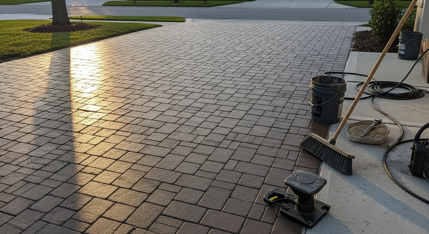 A freshly cleaned and sealed paver patio at a residential home in Odessa, Florida, with uniform joint sand and a rich, even surface color. The pool deck and surrounding walkway show no visible weed growth, staining, or surface fading after professional hardscape maintenance.