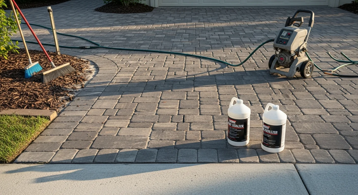 Restored paver driveway in Odessa, Florida showing clean, evenly spaced joints and refreshed surface color after hardscape restoration. Pool deck pavers in a Westchase backyard with sealed surface and no visible weed growth between joints.