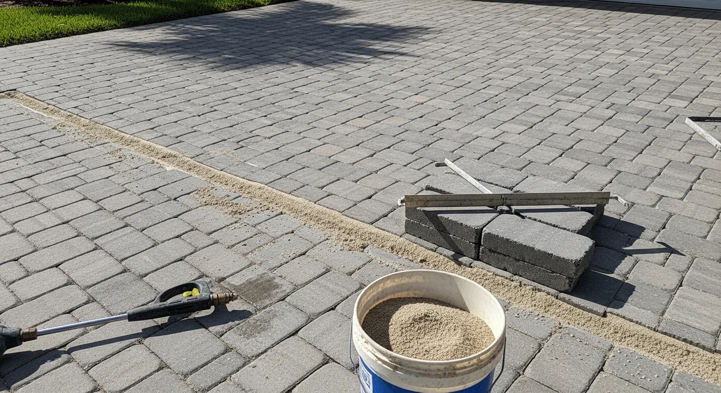 Close-up view of a residential paver driveway in the Tampa Bay area showing freshly repaired and filled joints with stabilized sand between concrete pavers. The surface is even, clean, and free of gaps, weeds, or shifting units.