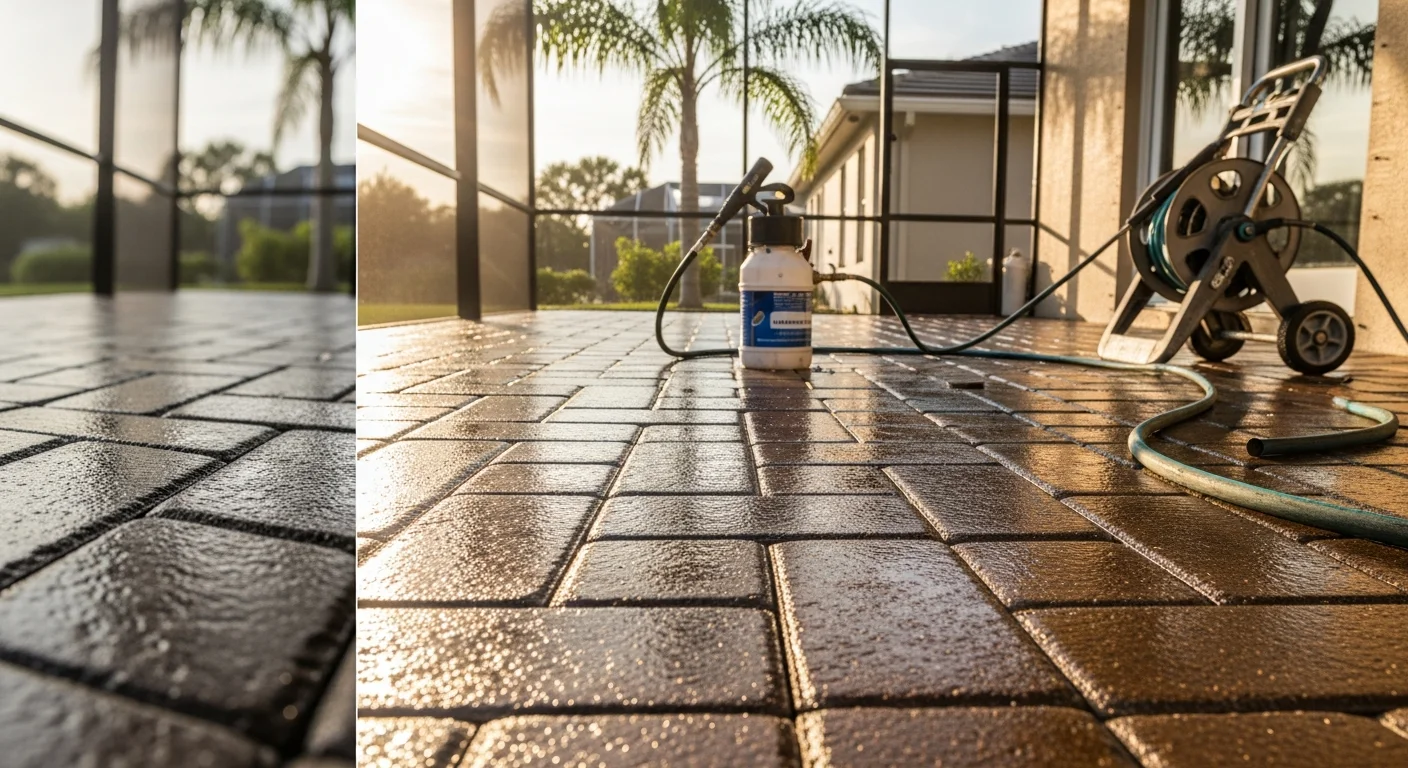 Sealed lanai pavers at a residential home in Westchase, Florida, showing a clean, even surface with restored color and no visible algae or joint sand erosion. The covered outdoor space connects to a pool deck under a screened enclosure typical of Hillsborough County homes.