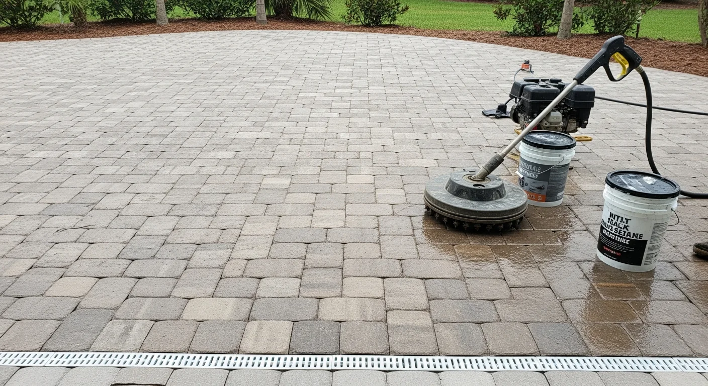 Restored brick paver patio in a Westchase-area backyard showing clean joint lines, even surface color, and a freshly sealed finish. Before-and-after view highlights the removal of mold staining and faded surface common on Tampa Bay-area outdoor hardscapes.