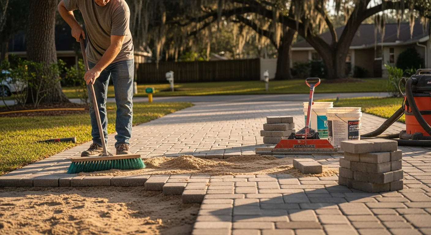 A repaired paver driveway in a residential neighborhood in Odessa, Florida, showing re-leveled and freshly jointed pavers with a clean, even surface. The driveway connects to a single-family home typical of Hillsborough County communities.
