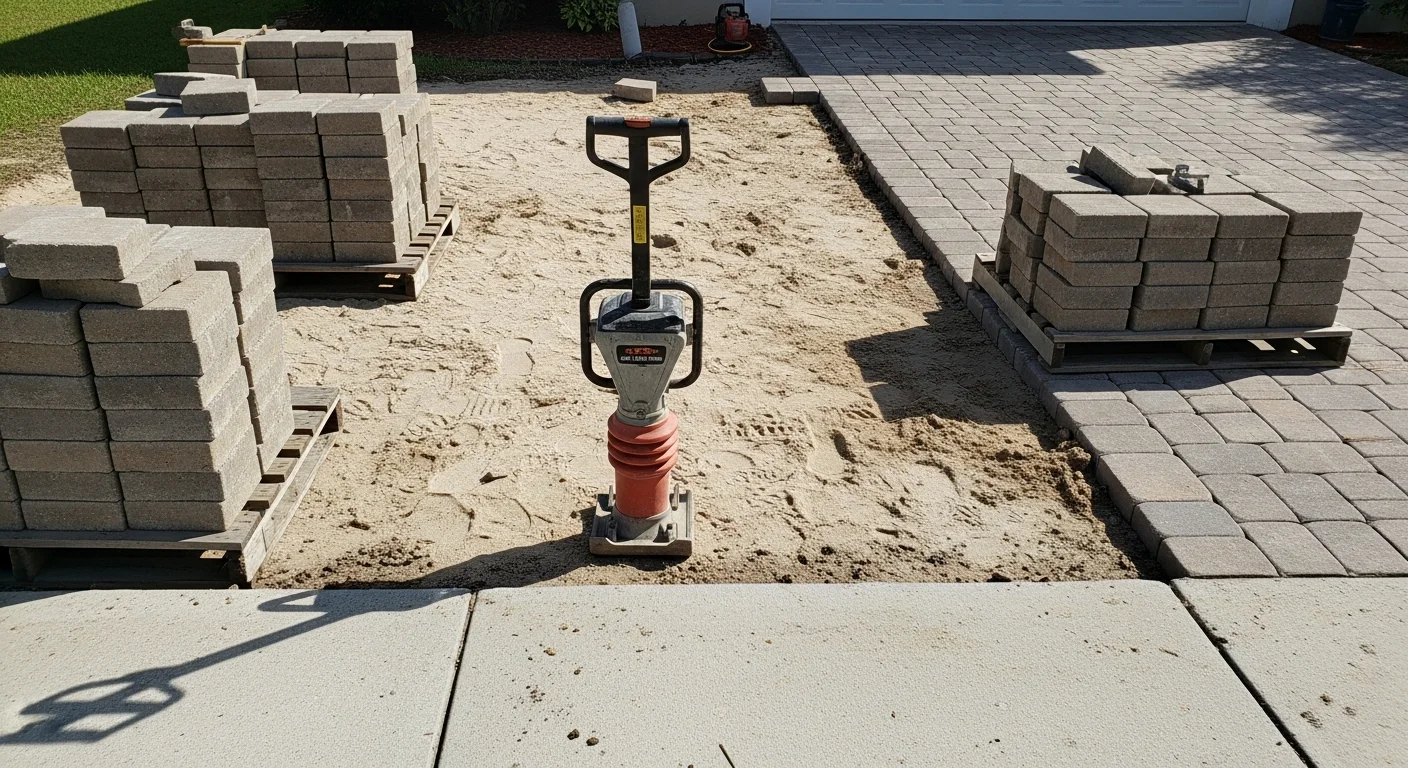 Close-up of a residential driveway in Lutz, Florida showing freshly replaced pavers set flush and level alongside existing weathered pavers. The repaired section sits at the base of a home driveway typical of Hillsborough County neighborhoods.