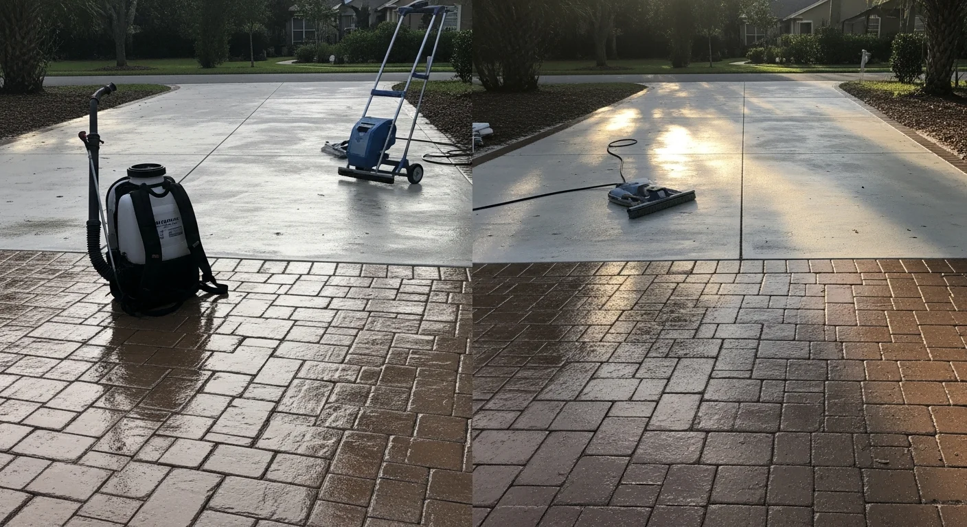 Freshly sealed brick paver driveway at a residential home in Odessa, Florida, showing restored color and clean joint lines after professional paver sealing service. The surface reflects even sheen with no visible algae, staining, or sand loss between pavers.