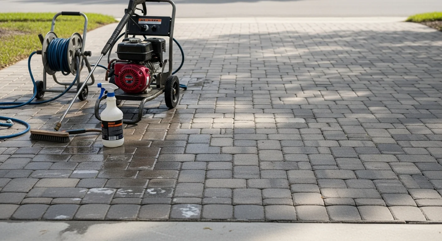 A Renew Paver Sealing technician applying chemical stripper to a residential paver driveway in Hillsborough County, Florida, with old peeling sealer visibly lifting from the surface. The surrounding landscaping is covered for protection during the stripping process.