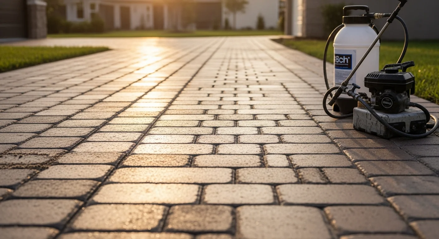 Sealed paver walkway at a residential home in Hillsborough County, Florida, showing rich, even color and clean joints after professional walkway sealing service. The surface runs from the driveway to the front entry with no visible weed growth, staining, or joint sand loss.